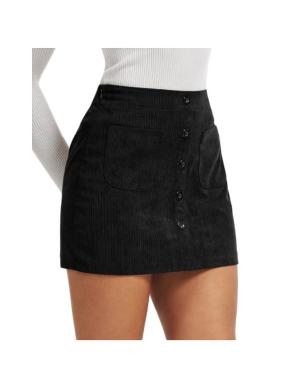 Corduroy High Waisted Mini Skirt with Pockets Button Front A Line Short Pencil